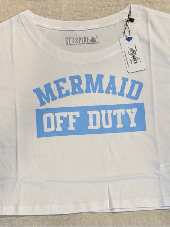 Seaspice Tops - Seaspice "Mermaid Off Duty" White Tee with Light Blue Print